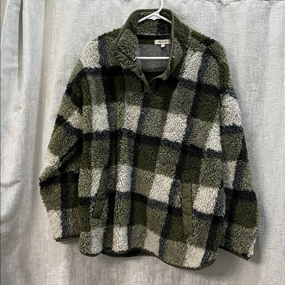 Madewell Sweater Women Large Green Quarter Button Casual Sherpa Pullover Outdoor